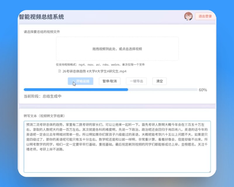 📣 智能视频总结系统 | 一键转写与AI生成笔记 提升视频学习效率🖼 标签：#智能视频总结系统 #视频转写 #音频提取 #语音转文字 #字幕 #摘要 #API #语音识别📱 简介：智能视频总结系统 是一款基于 FastAPI 开发的 前后端分离AI视频总结工具，可在视频上传后自动完成 音频提取、语音转写，并利用 大语言模型生成结构化学习笔记