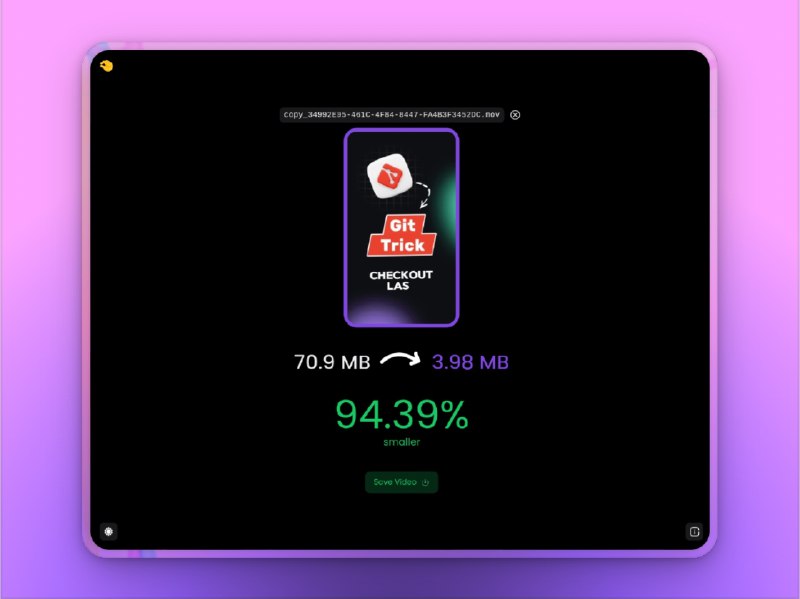 🔖 CompressO | 跨平台视频压缩工具，离线高效操作　CompressO 是一款基于 FFmpeg 的 免费开源视频压缩工具，支持 Windows、Linux、macOS，完全 离线运行，支持拖拽添加、静音压缩、压缩中途取消等功能，界面简洁易用，适合所有人快速上手　不想用命令行折腾 FFmpeg？试试 CompressO，离线高效，清爽好用！🐙 CompressO | 📃 Releases下载标签：#Compress0 #视频压缩 #FFmpeg #文件管理📮 频道 | 🪧 群聊 | ✨ 中文包
