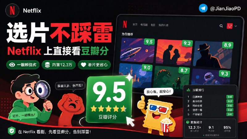 ✈️ Netflix Douban Ratings | 在 Netflix 片单上直接显示豆瓣评分🏷 检索标签：#NetflixDoubanRatings #Netflix #豆瓣评分 #Netflix评分 #扩展程序 #插件⭐️ 详情介绍：Netflix Douban Ratings 一个 Netflix 豆瓣评分扩展插件，它会在Netflix影视卡片上叠加豆瓣评分，项目内置约 12.3 万部影视评分库，还可生成评分排行榜⚙️插件导入：打开Chrome/Edge浏览器扩展页-加载已解压的扩展程序-选择下载解压出来的插件文件夹即可💻 GitHub · 💻 下载插件📜 相关阅读：【作者其他开源项目】🔘PunkType | Mac端 AI语音输入法    ➡️在任意输入框里，按下键盘说话，AI自动整理成通顺文字，直接打进空格处😌频道 |🙂群聊 |😋中文包 |☺️搜索