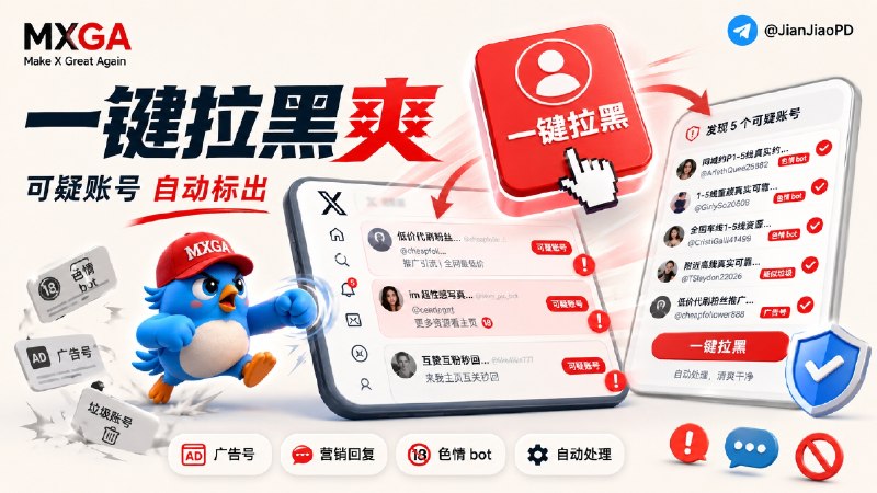 ✈️ Make X Great Again | 刷 X(Twitter)时自动标出广告号和色情 bot🏷 检索标签：#MXGA #X #Chrome扩展 #去广告 #X去广告 #Twitter去广告⭐️ 详情介绍：Make X Great Again 是一个给 X 用的 Chrome 扩展，它会在你正常刷 X 时识别可疑账号，命中后给出一键拉黑按钮，不会被评论区广告号、色情 bot 和营销回复打断，走的是 X 自己的屏蔽操作，不是单纯把内容藏起来　 项目还维护公开黑白名单，误判可以走 GitHub issue 申诉⚠️⚠️ 请注意⚠️⚠️据网友反馈 这个扩展程序会造成Twitter账号冻结 请使用这个扩展程序的宝贝们 谨慎操作✅ Chrome扩展🔎 官网 · 📖 GitHub 😌频道 |🙂群聊 |😋中文包 |☺️搜索