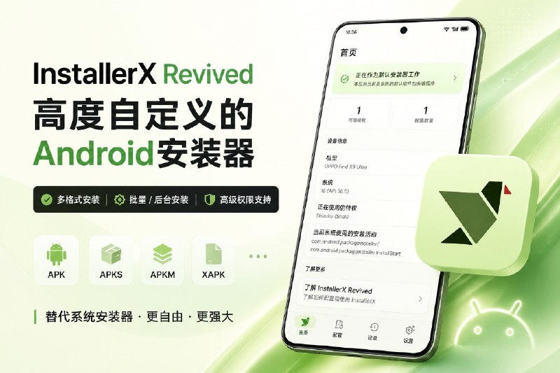 ✈️ InstallerX Revived | 高度自定义的 Android应用安装器，替代系统安装体验🏷 检索标签：#InstallerX #installerxRevived #应用安装器 #APK安装 #APK⭐️ 详情介绍：InstallerX Revived 是老牌应用安装器 InstallerX 的社区续作，主要用于替代 Android 系统自带安装器   📥 相比普通 APK 安装工具，它不仅支持 APK、APKS、APKM、XAPK 等多种格式安装，还支持批量安装、后台安装   🛠 可通过 Shizuku、Dhizuku、Root 等方式获得更高级的安装权限　⬆️ 新版在功能和体验上也进行了持续优化可针对不同场景设置不同安装策略：🔵加入了可配置安装模式🔵Profile 配置文件🔵签名不匹配处理🔵后台更新流程优化🔵以及小米超级岛安装通知支持等功能　📦 新版采用现代化 UI 设计，并针对部分国产系统进行了适配优化💻 GitHub ·💻 Releases下载😌频道 |🙂群聊 |😋中文包 |☺️搜索