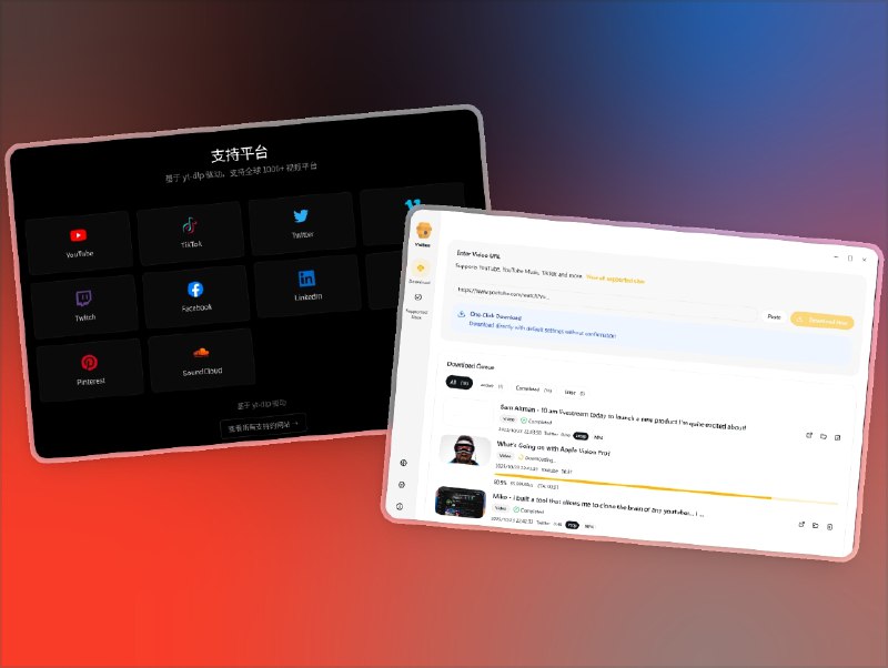 📣 VidBee | 开源跨平台视频下载器，支持 1000+ 网站🖼 标签：#VidBee #视频下载 #yt-dlp #视频 #去水印 #在线解析📱 简介：VidBee 是一款由独立开发者打造的 开源跨平台视频下载器，采用 Electron + React + TypeScript 技术栈开发，底层集成 yt-dlp 引擎，可下载来自 1000+ 网站 的视频与音频资源