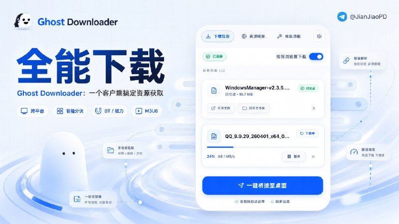✈️ Ghost Downloader | 多线程下载、BT 磁力和 M3U8 直播录制都支持的桌面下载客户端🏷 检索标签：#GhostDownloader #下载器 #多线程下载 #BT下载 #M3U8 #跨平台⭐️ 详情介绍：Ghost Downloader 是一个跨平台桌面下载器，它支持 Windows / macOS / Linux，也有 Android 包，普通链接、BT / 磁力、M3U8 任务都可以放进去处理