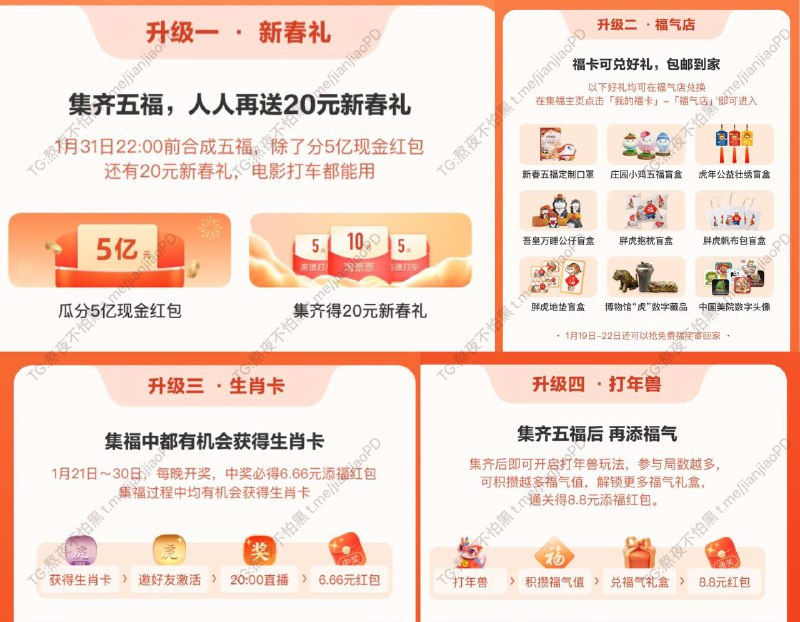 支付宝集五福活动今日凌晨开始啦，除了集福卡，今年活动有四大升级呢🎉🎉🎊🎊支付宝集五福群：