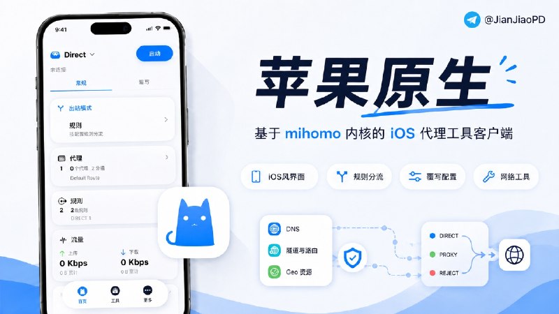 ✈️ Clash | Apple原生代理工具客户端，基于mihomo内核开发🏷 检索标签：#Clash #mihomo #代理工具⭐️ 详情介绍：Apple平台开发的Clash原生代理工具客户端，由 Hako 驱动，内核基于 mihomo， Clash / mihomo 配置和订阅可以直接导入使用🍎 苹果商店 · ✈️ TF内测·💠 官网😌频道 |🙂群聊 |😋中文包 |☺️搜索