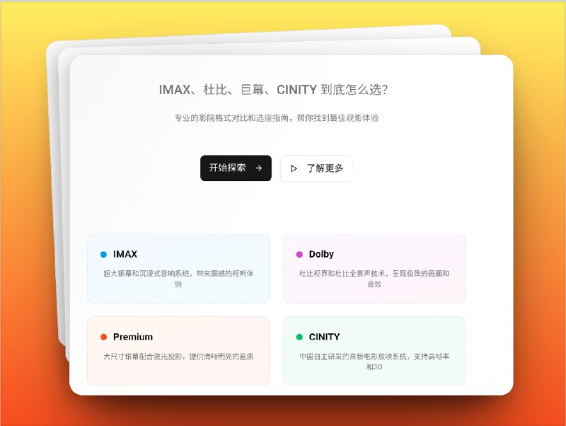 🔖 影院格式对比神器 | 选座避坑指南　再也不用纠结IMAX、杜比、巨幕、CINITY到底选哪个！这个网站专业对比5大影院放映格式，并附带智能选座指南，直接告诉你不同格式的最佳观影位置，避免踩坑