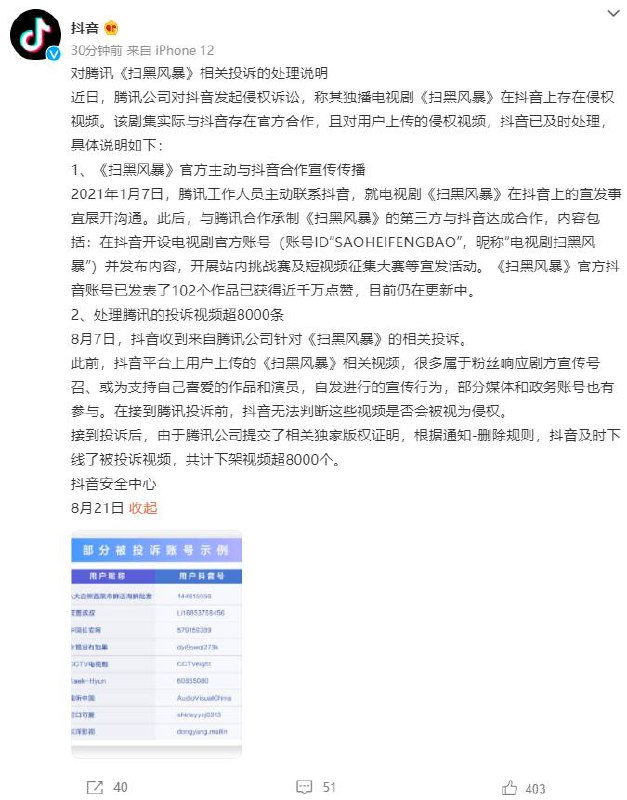 #抖音 回应腾讯《 #扫黑风暴》相关投诉：已下架被投诉视频超 8000 个近日，#腾讯 公司对 #抖音 发起侵权诉讼，称其独播电视剧《 #扫黑风暴 》在抖音上存在侵权视频