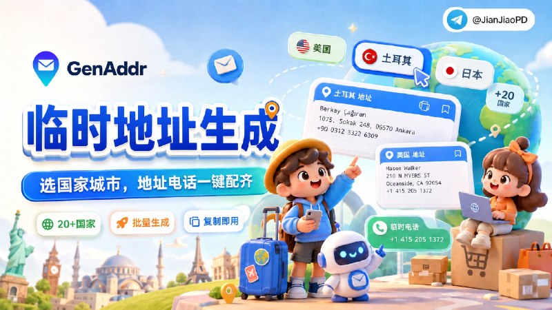 ✈️ GenAddr | 20+国家临时地址生成，一键JSON 和 CSV 批量导出🏷 检索标签：#GenAddr #地址生成器 #临时地址 #地址 #虚拟身份 #身份生成器 #身份伪装⭐️ 详情介绍：GenAddr 是一个临时地址生成网站，选择一个 国家 / 城市 它会把地址、邮编、电话这些字段配到一起，目前覆盖 20 个国家，街道、城市和邮编来自 GeoNames 等公开数据，结果可以批量生成并导出 JSON / CSV🌐 GenAddr·在线体验😌频道 |🙂群聊 |😋中文包 |☺️搜索
