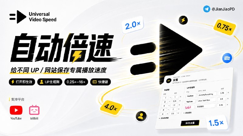 ✈️ Universal Video Speed | Chrome 扩展程序•给每个 UP 主设置专属倍速，不同视频不同速度，打开视频自动生效🏷 检索标签：#UniversalVideoSpeed #倍速播放 #插件 #扩展程序 #视频倍速⭐️ 详情介绍：很多人看视频都有自己的倍速习惯：教程可能喜欢 2×，访谈可能 1.5×，娱乐视频又希望恢复正常速度